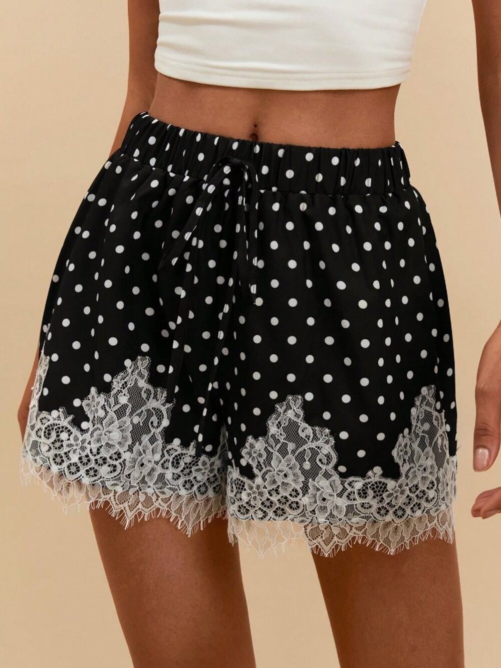 Black Women's Polka Dot Lace Patchwork Lace-Shorts